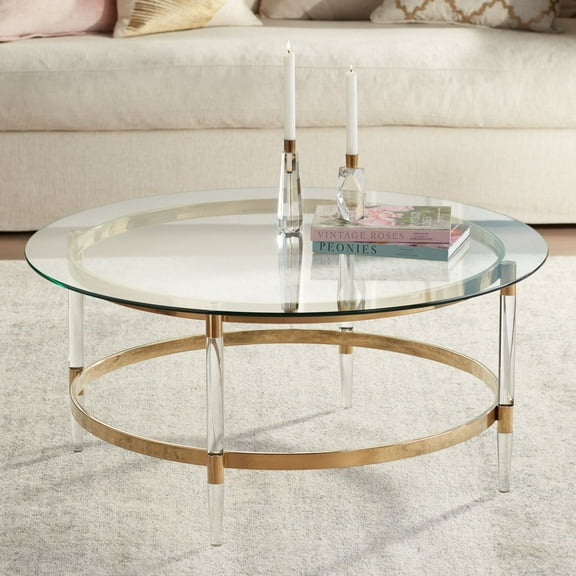 55 Downing Street Saarinen Modern Minimalist Gold Round Coffee Table 38" Wide Clear Glass Tabletop and Legs for Living Room Bedroom House