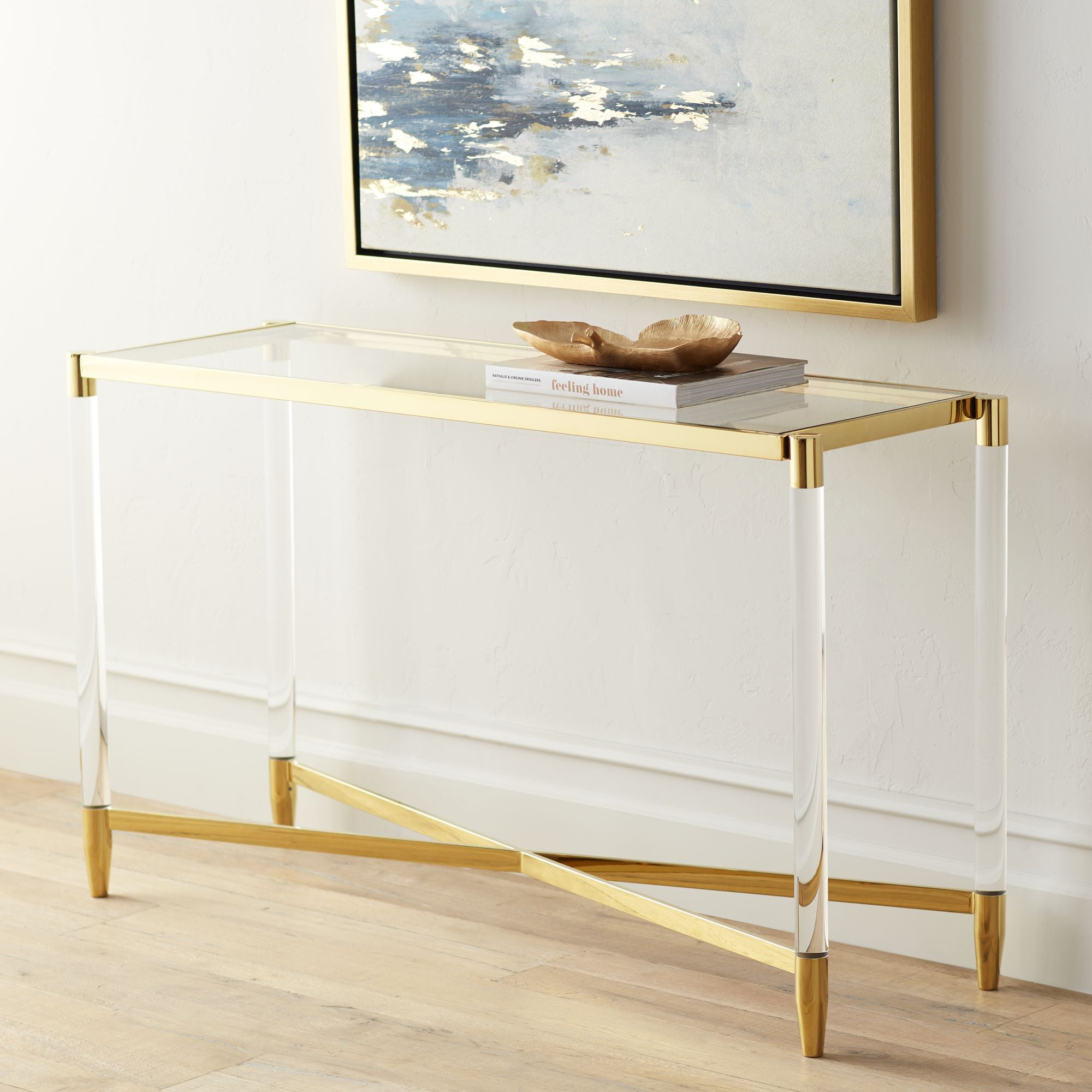 Stefania Gold and Clear Glass Rectangular Console Table with Acrylic Legs