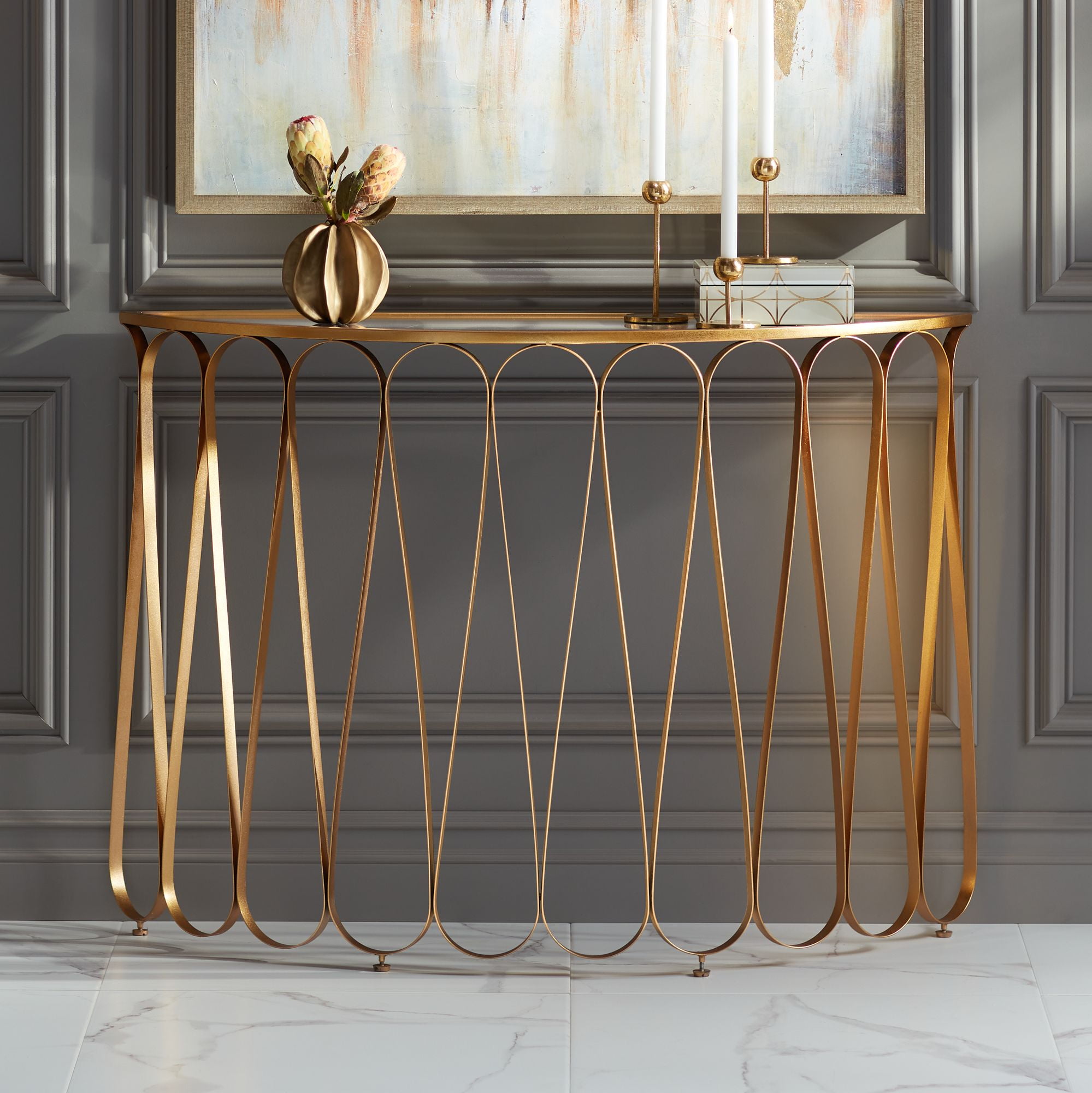 Gold Teardrop Frame Mirrored Metal Console Table 45"