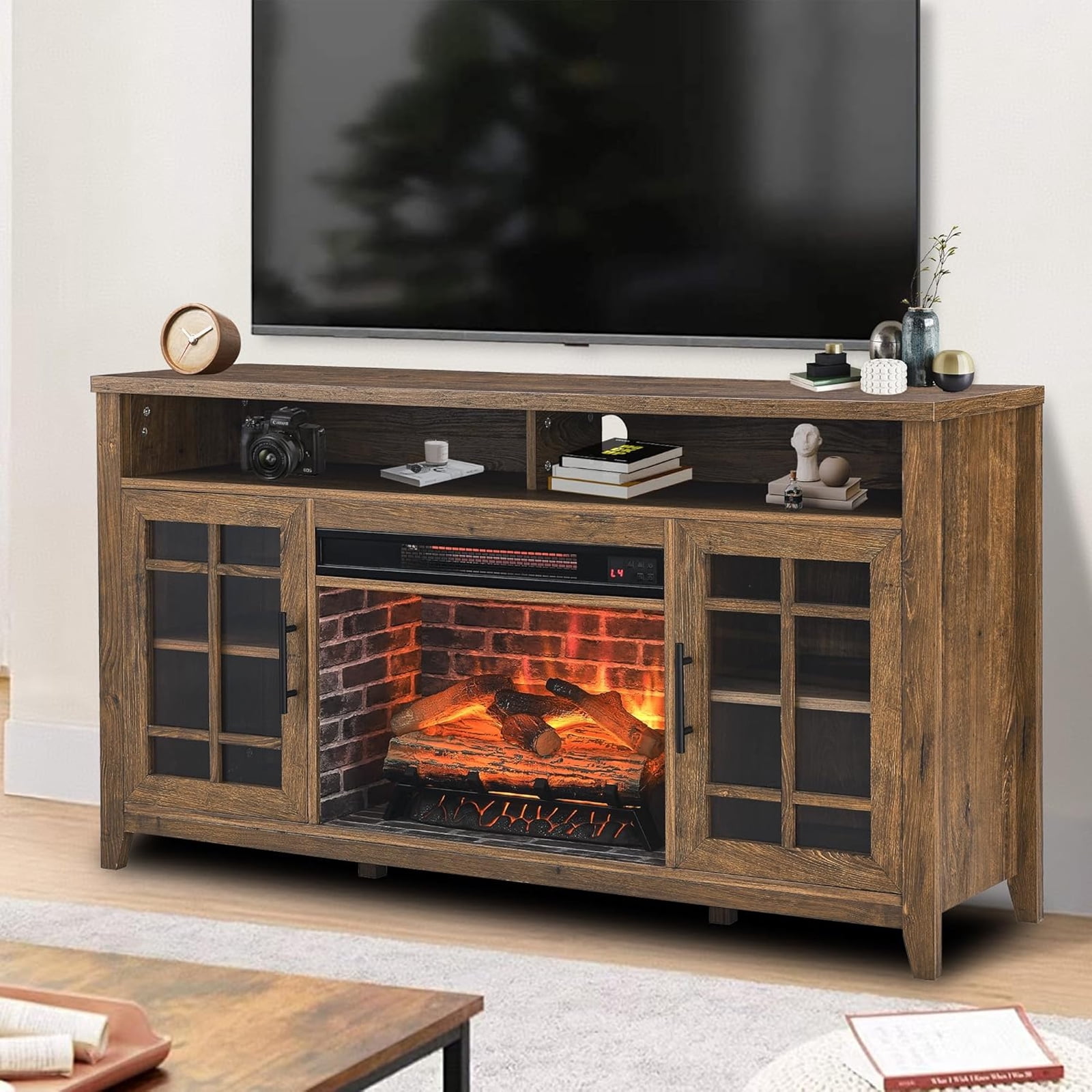 55" Electric Fireplace Inserts, 1500W Recessed Stove Heater with 9H