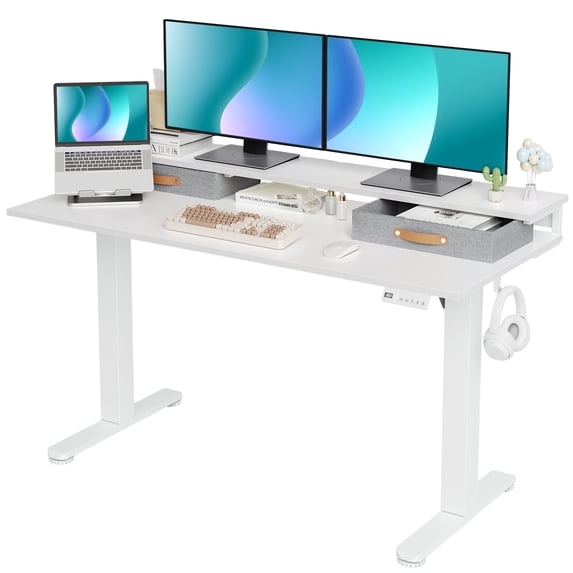 55" Electric Height Adjustable Standing Desk with Monitor Stand, 2 Storage Drawers and Memory Presets,White