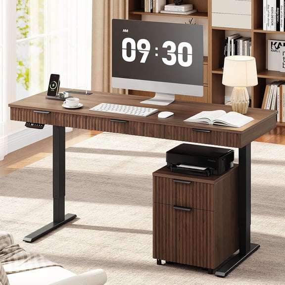 55" Electric Standing Desk with File Cabine, Sit to Stand, Walnut | Standing Desk with Drawers, Roilling Filing Cabinet, File Cabinet with Drawers, Adjustable Desk for Home Office, Work, Study