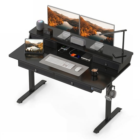 55" Electric Standing Desk with Drawers & Monitor Shelf, Height Adjustable Ergonomic Stand Up Desk with Hanging Hooks & Power cord Organizer,Black