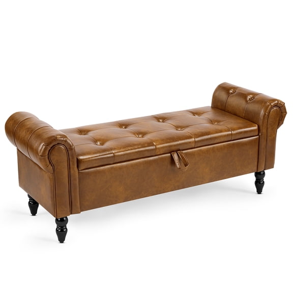 Furniliving 55" End of Bed Bench, Button Tufted PU Leather Storage Ottoman with Hidden Storage for Bedroom Entryway Living Room, Yellow Brown