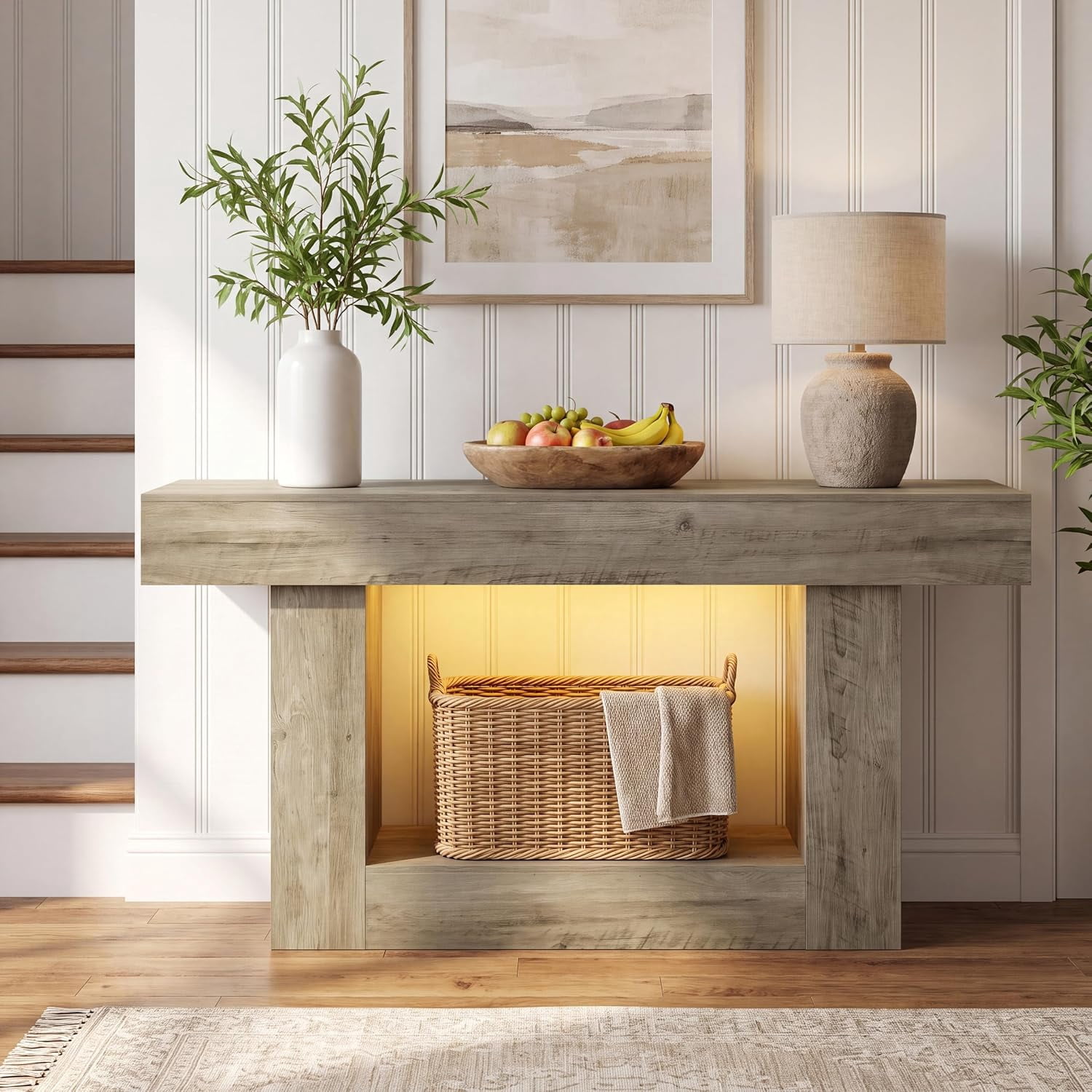 55” Entryway Table with Charging Station & LED Light, Narrow Sofa Table for Hallway Living Room, Modern Farmhouse Console Table with Storage Shelf, Gray