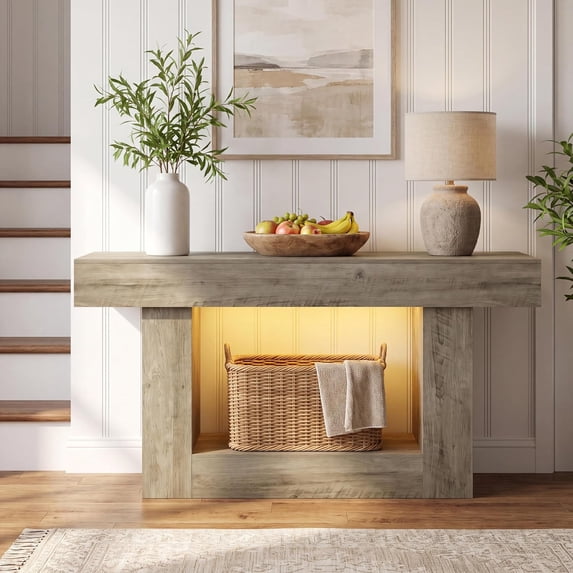 55” Entryway Table with Charging Station & LED Light, Narrow Sofa Table for Hallway Living Room, Modern Farmhouse Console Table with Storage Shelf, Gray