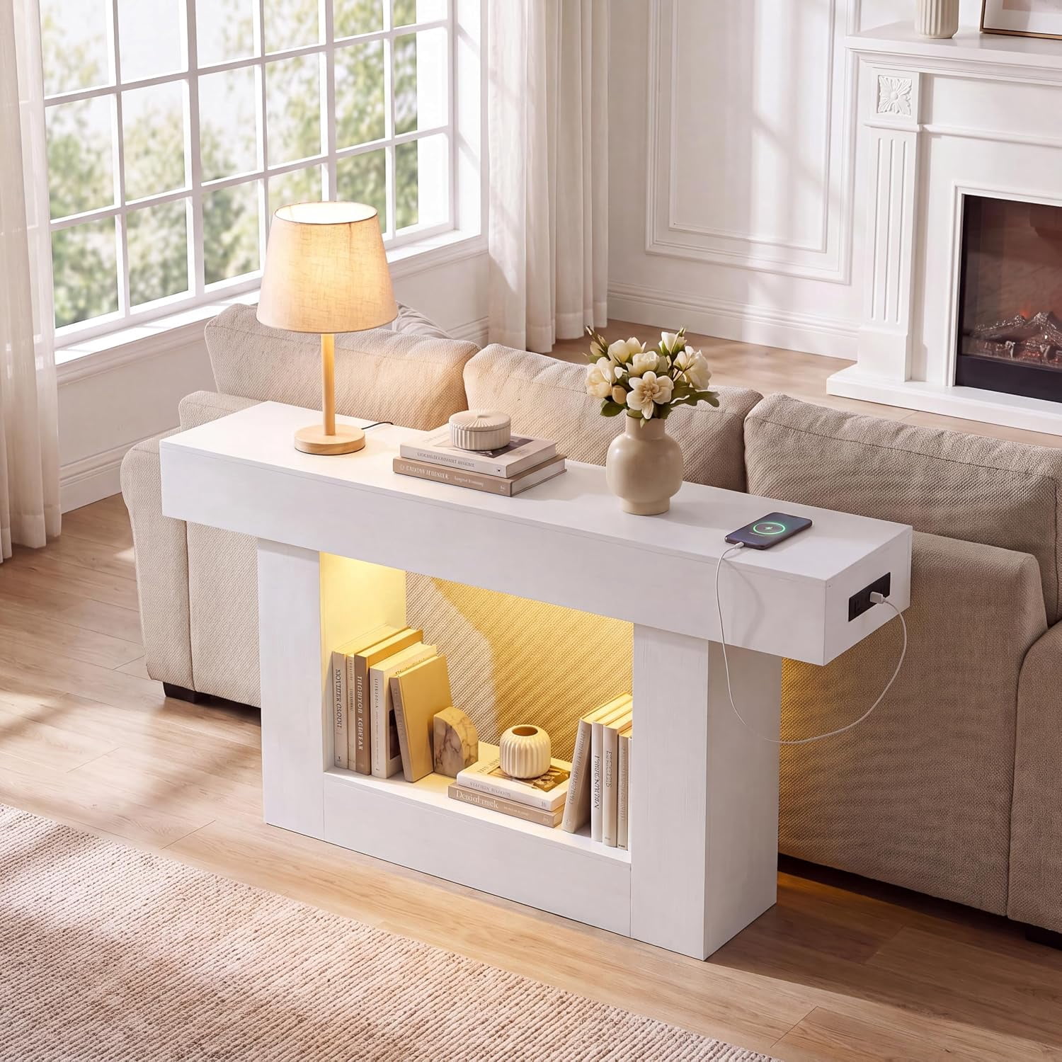 55” Entryway Table with Charging Station & LED Light, Narrow Sofa Table for Hallway Living Room, Modern Farmhouse Console Table with Storage Shelf, White