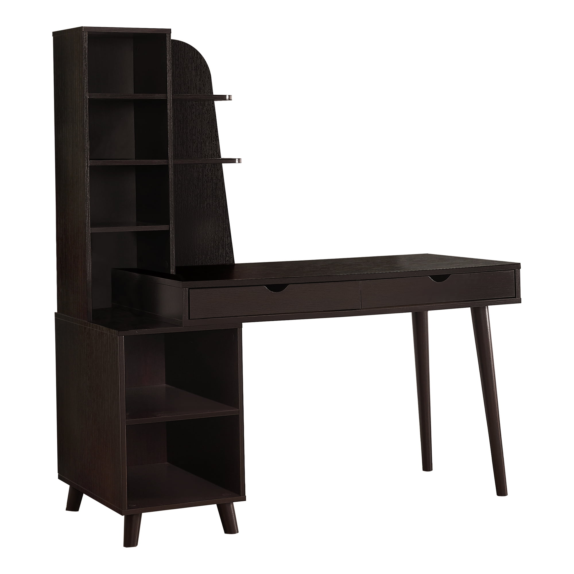 Espresso 55" Solid Wood Computer Desk with Bookcase & Drawers