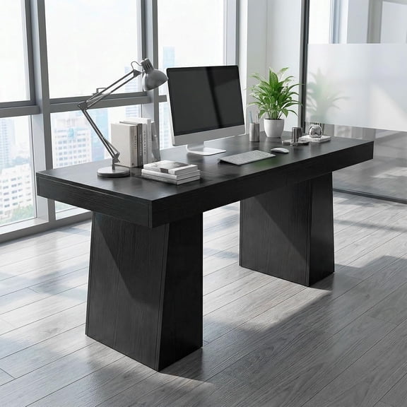 55" Executive Desk, Mid-Century Modern Home Office Desks with Double Trapezoid Base, Wood Computer Desk Business Furniture Workstation Writing Table Conference Table, Black