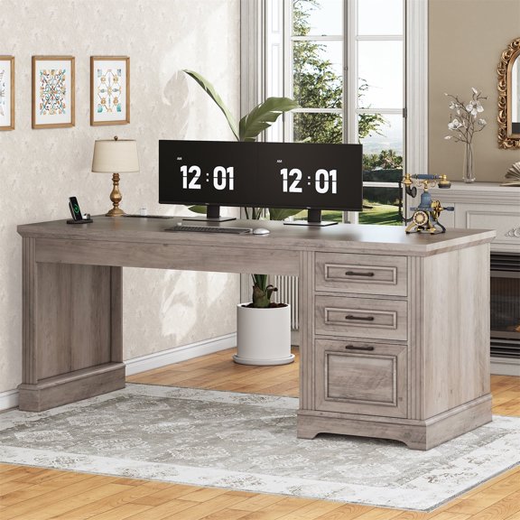 55" Executive Desk with Power Outlets and Storage, Wood Computer Desk with 2 Drawers & 1 File Drawer for Home Office, Large PC Workstation Farmhouse Office Desk, Grey