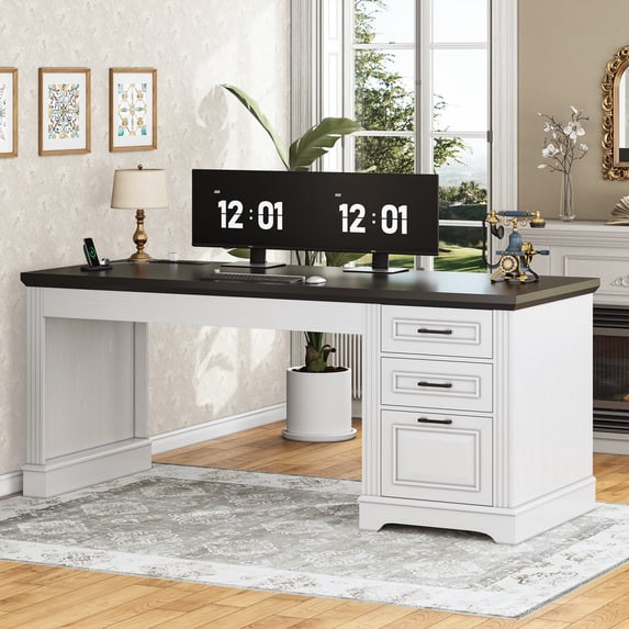 55" Executive Desk with Power Outlets and Storage, Wood Computer Desk with 2 Drawers & 1 File Drawer for Home Office, Large PC Workstation Farmhouse Office Desk, White