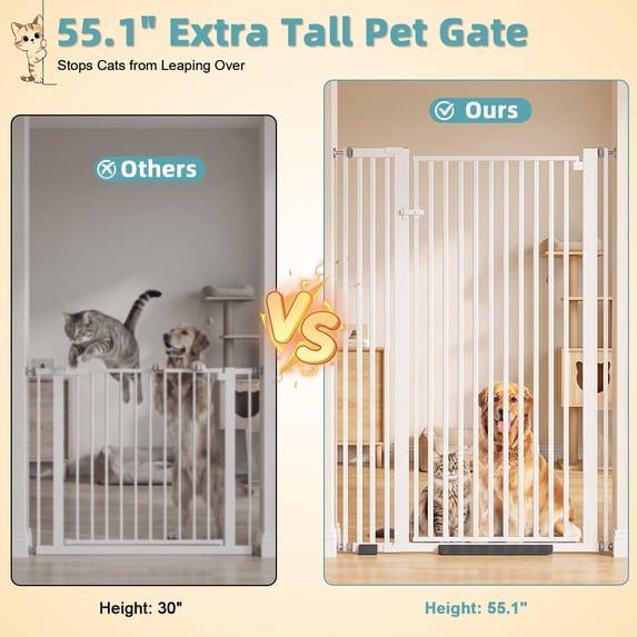 55" Extra Tall Pet Gate for Cat/Dog, 32.68"-38.19" Wide, 1.18" Ultra Narrow Spacing Dog Gate, No Drilling Pressure Mounted Cat Fence Safety Gate for Stairs, Doorways, Hallways,