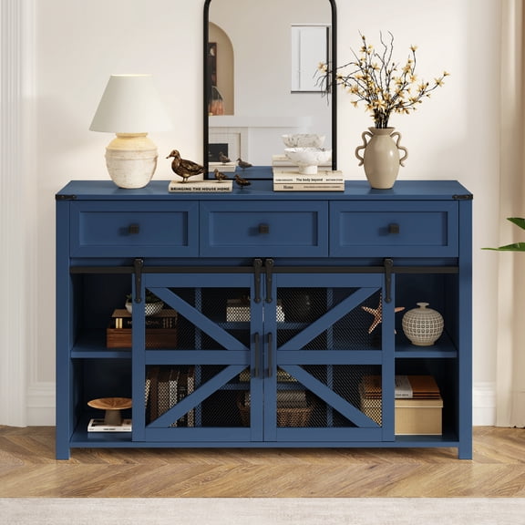 55" Farmhouse Buffet Cabinet, Kitchen Sideboard with Sliding Barn Doors and 3 Drawers, Rustic Wood Storage Cabinet with Adjustable Shelves, Coffee Bar Table for Dining Room, Navy Blue