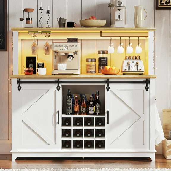55" Farmhouse Coffee Bar Cabinet with Sliding Barn Door, Power Outlet & LED Light, Tall Kitchen Hutch with Drawers and 12-Bottle Wine Rack, White