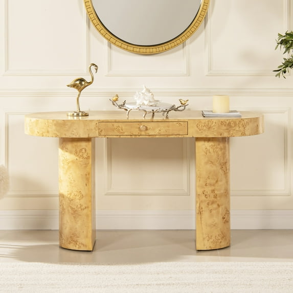 55'' Farmhouse Console Table with 1 Drawer, Entryway Table with Half Moon Shaped Pillar Legs, Wood Sofa Table for Hallway, Entry Way, Couch, Living Room, Burly Wood