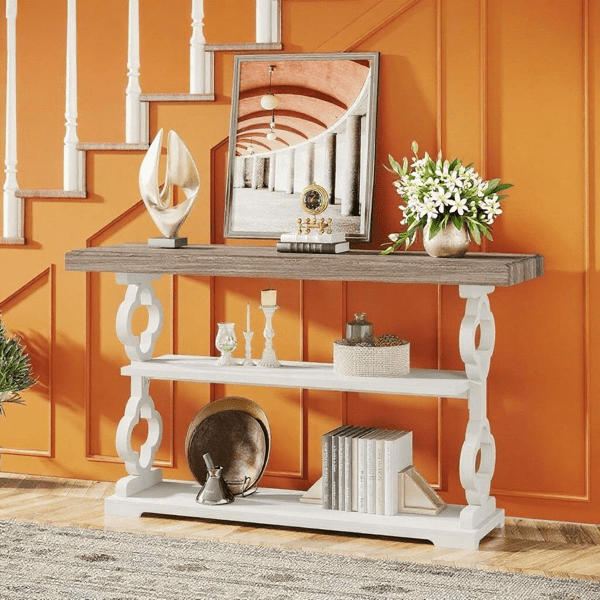55" Farmhouse Console Table, 3-Tier Rustic Entryway Table with French Country Charm, Grey Wood Grain Top & Floral Moldings for Entryway, Living Room & Sofa Behind