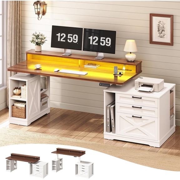 55" Farmhouse Electric Standing Desk with 3 Drawers and Storage Shelves, Height Adjustable Computer Desk for Home Office, Study Writing Table