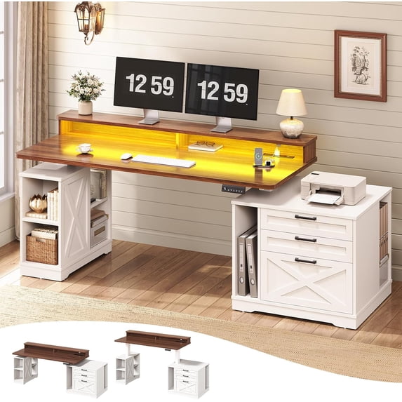 55" Farmhouse Electric Standing Desk with 3 Drawers and Storage Shelves, Height Adjustable Computer Desk for Home Office, Study Writing Table
