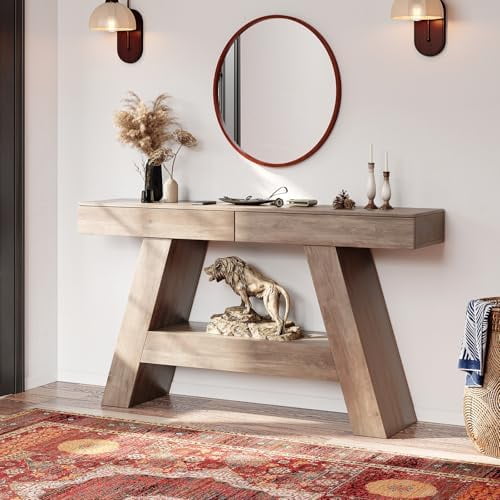 55" Farmhouse Entryway Table with 2 Drawers, Narrow Console Table Behind Sofa for Hallway, Entrance, Living Room, Rustic Oak$$Furniture