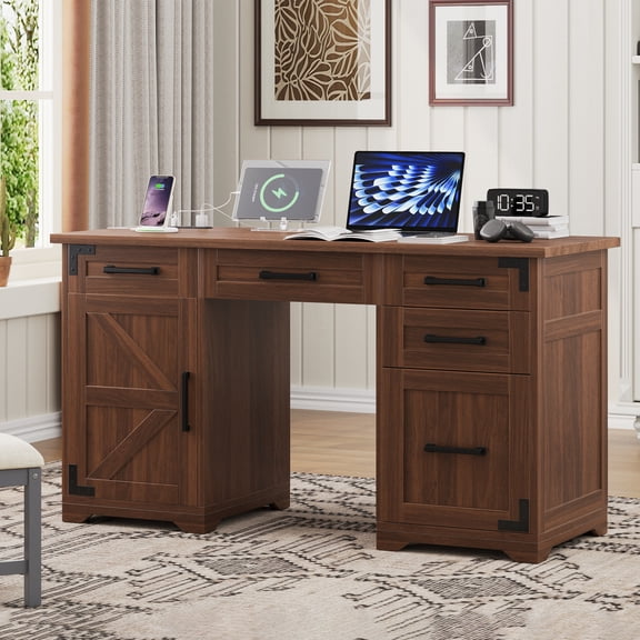 55" Farmhouse Executive Desk with Charging Station & Power Outlet, Home Office Computer Desk with 5 Drawers and Cabinet, Rustic Wood Writing Study Table with File Drawer, Walnut