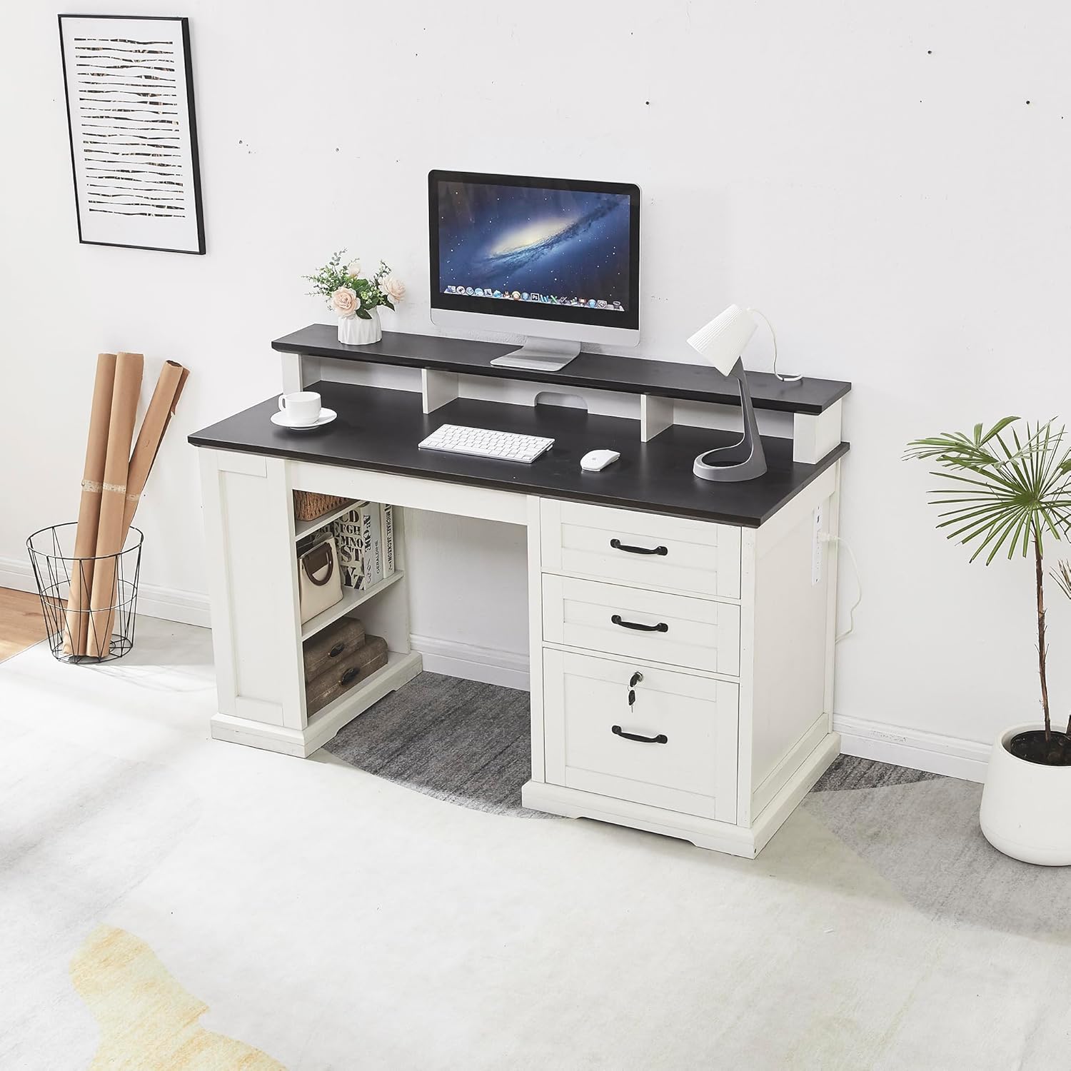 55”Farmhouse Executive Desk with Side Bookshelf, Home Office Desk with Monitor Stand, 2 Drawers & Lockable File Cabinet,Rustic Computer Desk with Built-in Power Outlet (55")
