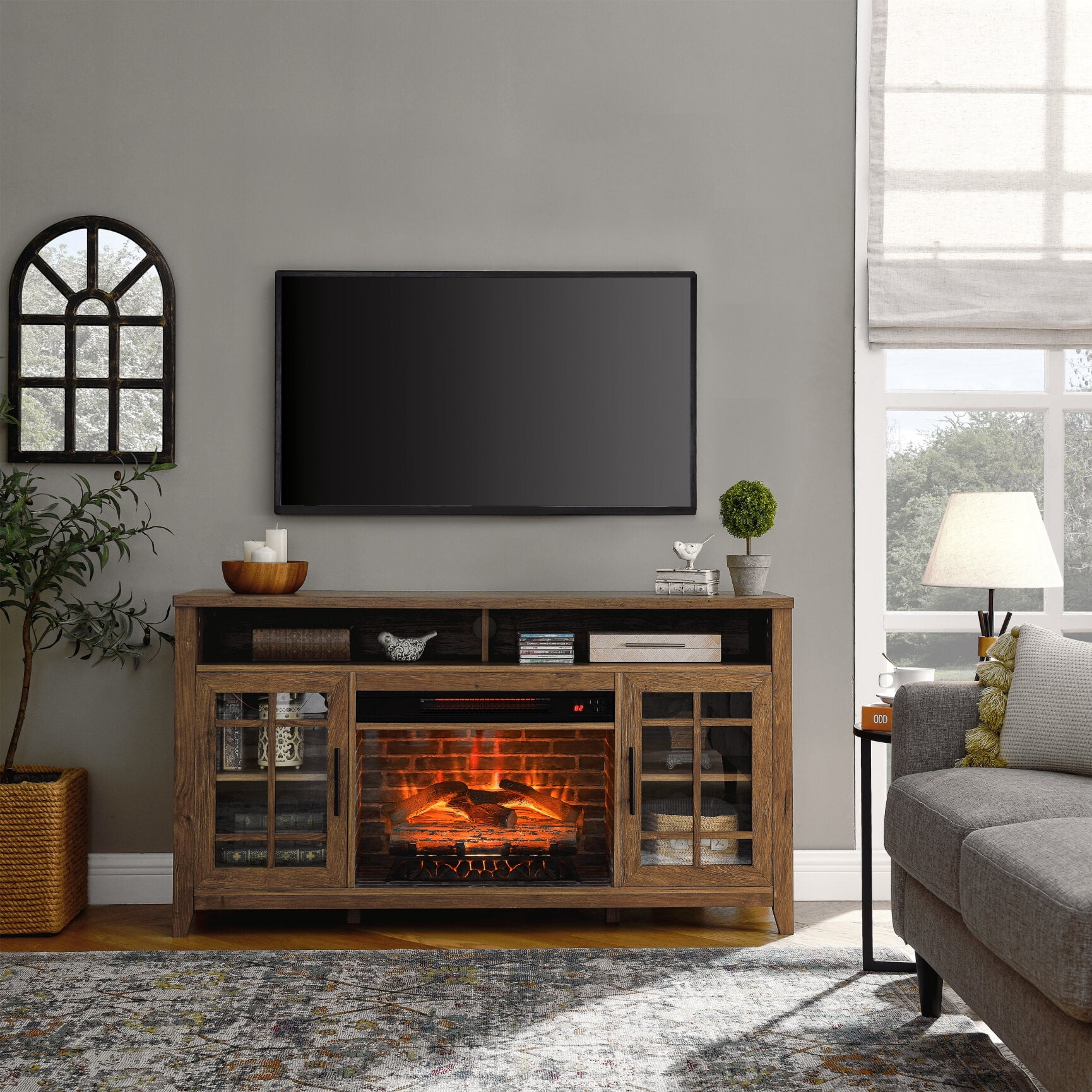 55" Farmhouse Fireplace TV Stand, TV Media Stand with Electric Fireplace Inserts Heater ...