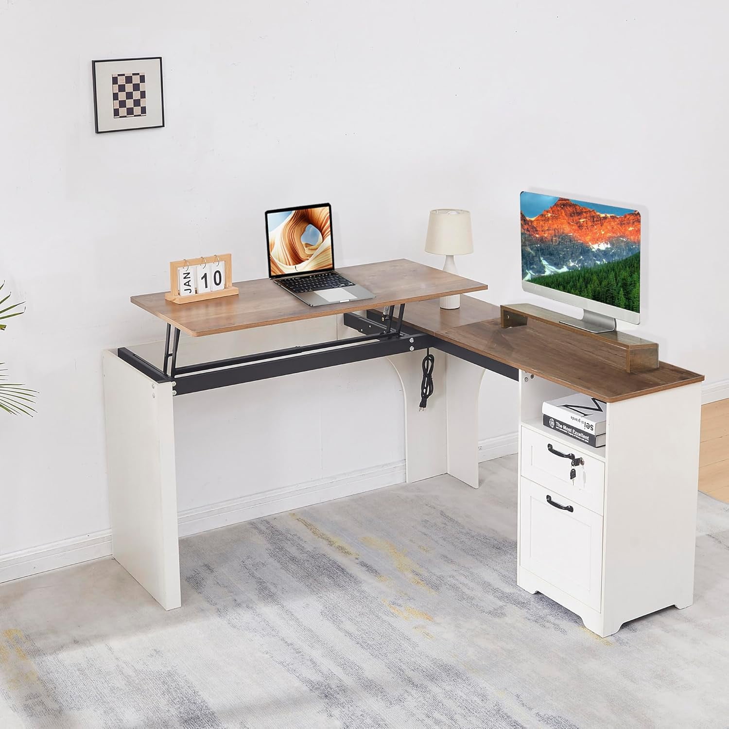 55" Farmhouse L-Shaped Desk with Lift Top,Movable Monitor Stand,L Shaped Standing Office Desk with Lockable Drawer & Adjustable File Drawer,Lift Top Computer Desk with Power Outlets