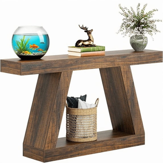 55" Farmhouse Rustic Console Table, MDF Entryway Table, 330lb Load, Versatile for Sofa Living Room, Brown