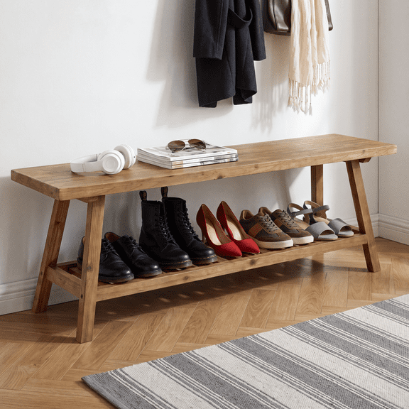 55" Farmhouse Wood Bench, 2-Tier Entryway Bench, Narrow Rustic Storage Bench with Open Storage Shelf for Entryway, Hallway, Living Room, Bedroom, Kitchen, Dining