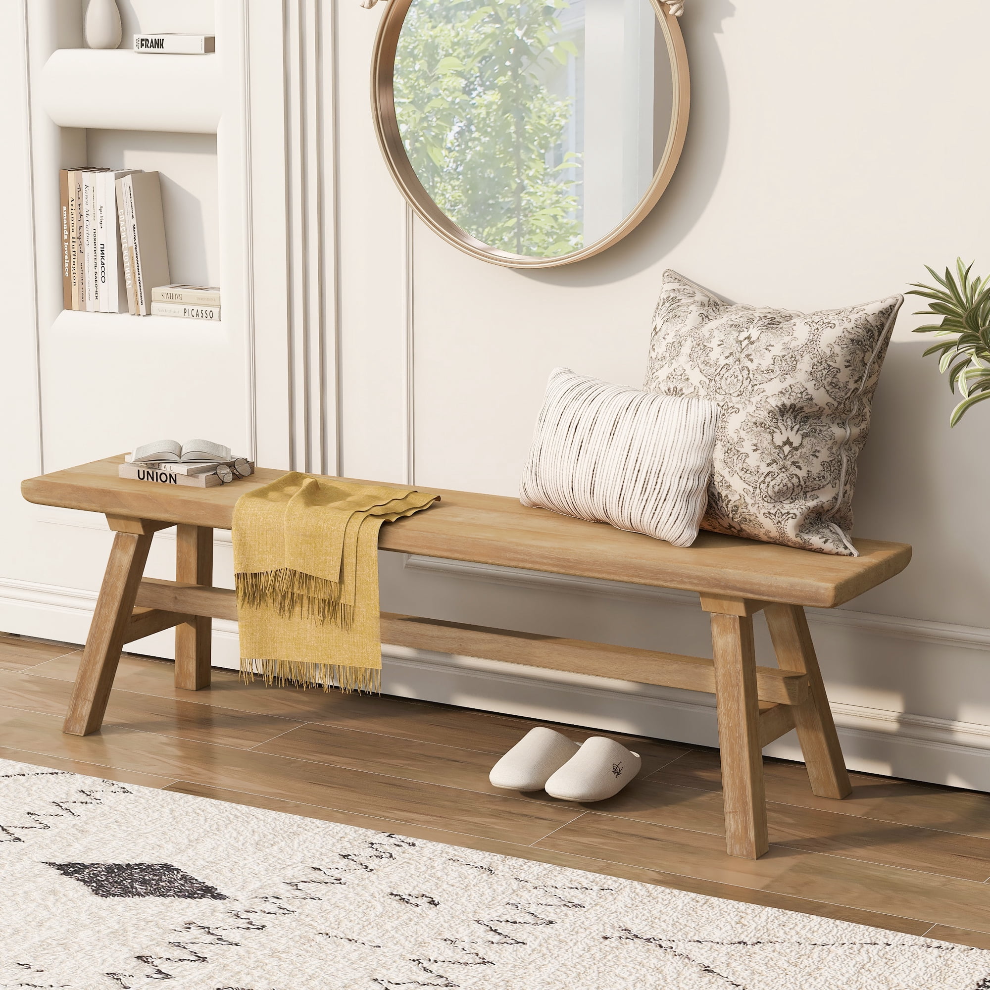 55" Farmhouse Wood Bench, Rustic Solid Wood Dining Room & Entryway Bench Seat for Indoors, Easy Assembly
