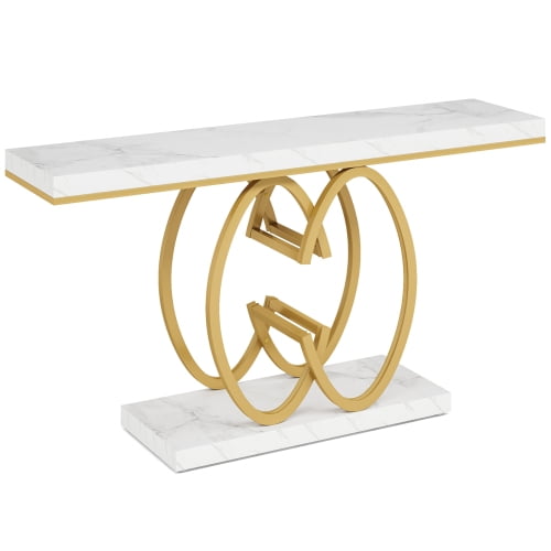 55" Faux Marble Console Table, Gold Geometric Entryway Table, Modern Narrow Sofa Accent Table for Living Room, Hallway, Foyer, White & Gold Finish