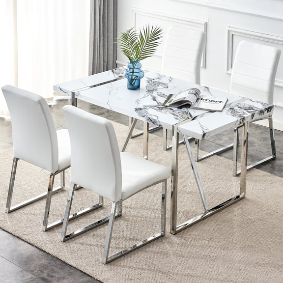 55" Faux Marble Dining Table For 4, Rectangular Shape, White & Silver, Effortless Assembly, Ideal Home Office And Living Room 4 55 Inch Table, Simple To Assemble, For Use