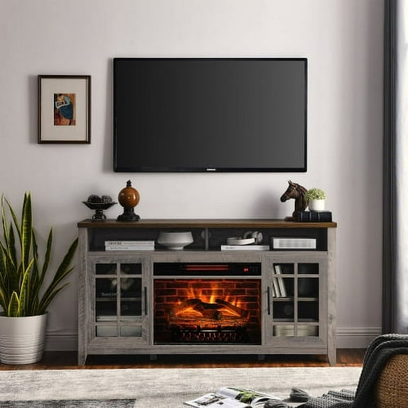 55" Fireplace TV Stand, 9H Timer, 4 Variable Flame, Electric Fireplace Insert with Remote Control, 5000BTU, 1500W, Gray Wash