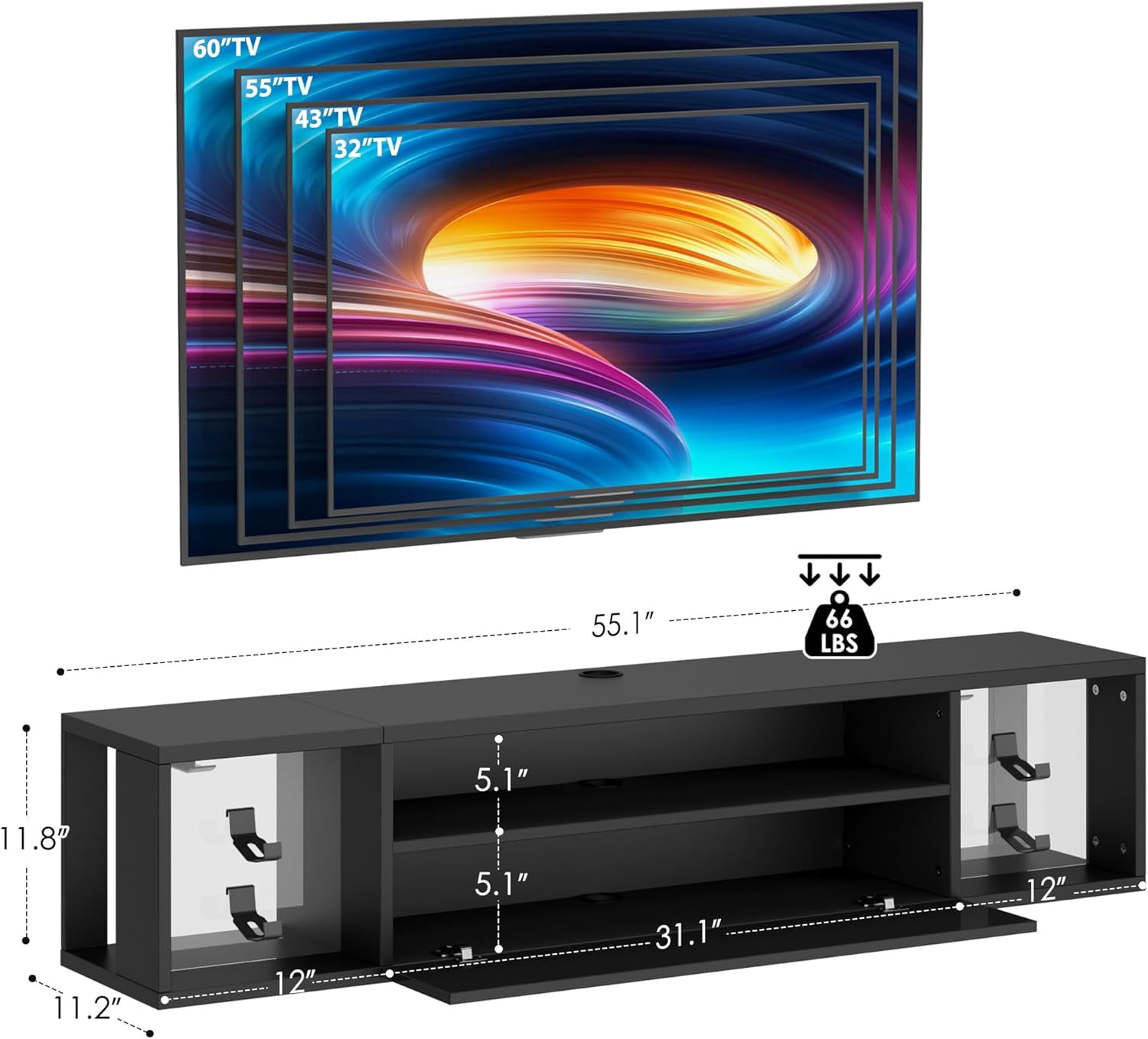 55'' Floating TV Stand with LED Lights, Wall Mounted Entertainment ...