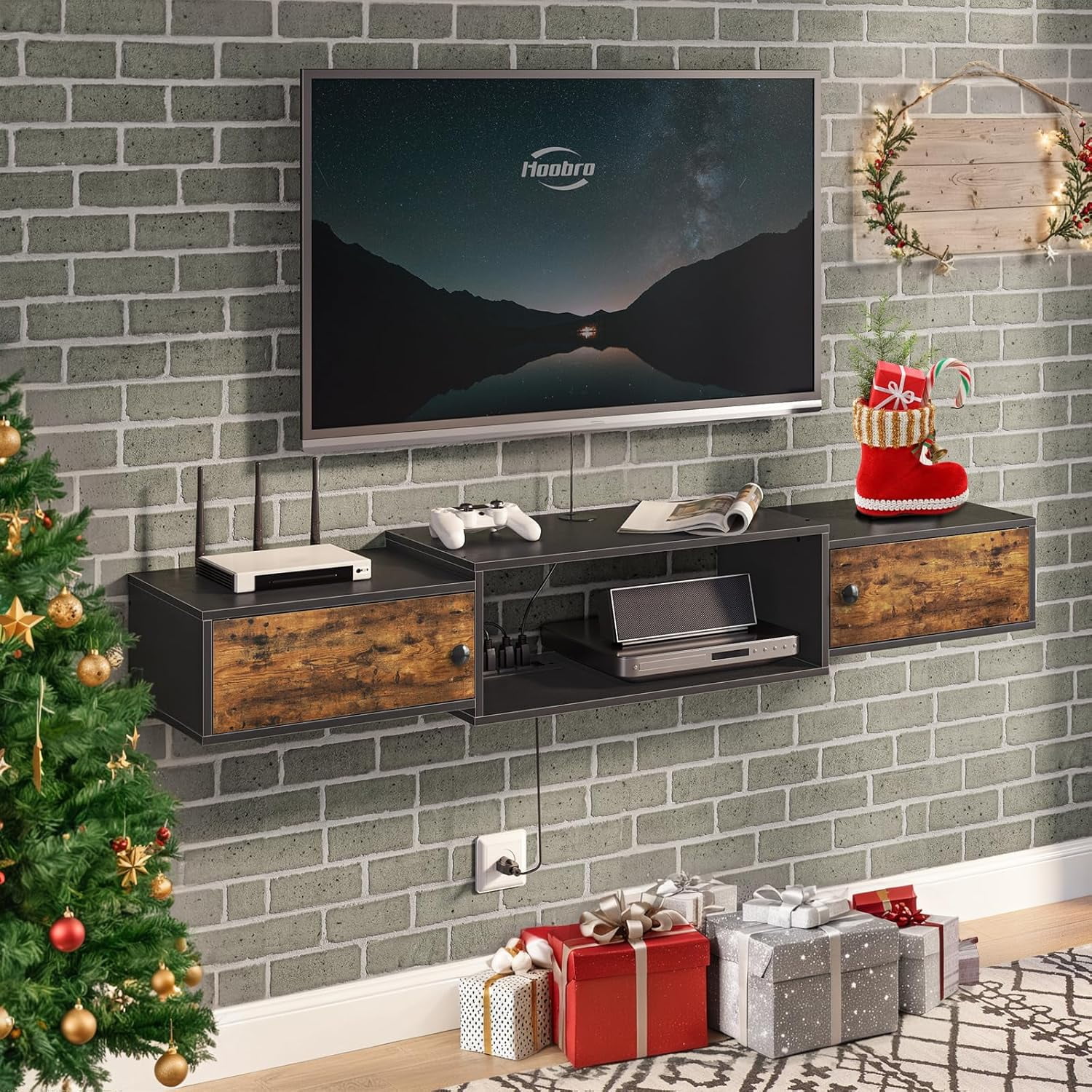 55" Floating TV Stand with Power Outlet, Modern Wall Mounted Media Console Shelf Cabinet for Under TV Storage, Entertainment Center, Living Room, Bedroom, Rustic Brown and Black BF11DS01