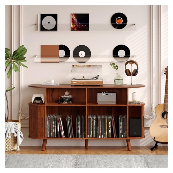 55'' Fluted Century Modern Turntable Cabinet with Vinyl Storage, Large Round Record Player Stand with Charging Station and Display Shelf, Arched Wood Record Player Table for Living Room