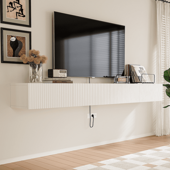55" Fluted Floating TV Stand, Fully Assembled Wall Mounted Media Console for TVs up to 60", White