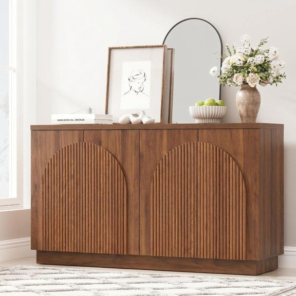 55" Fluted Sideboard Buffet Cabinet with Storage, Credenza, Walnut | Arched Reeded Doors, 2 Adjustable Shelves, Modern Wood Sideboard for Kitchen, Living Room, Entryway