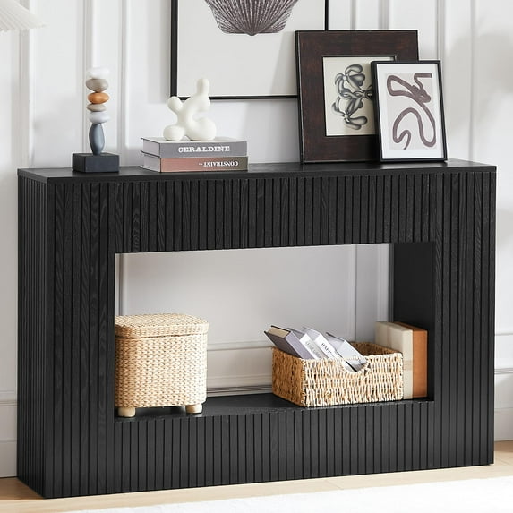 55" Fluted Wood Console Table - Black Entryway Sofa Table with 2-Tier Storage for Living Room & Foyer