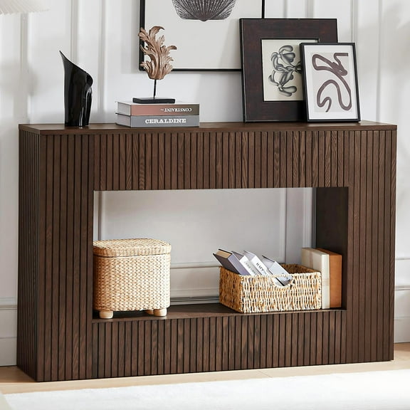 55" Fluted Wood Console Table - Walnut Entryway Sofa Table with 2-Tier Storage for Living Room & Foyer