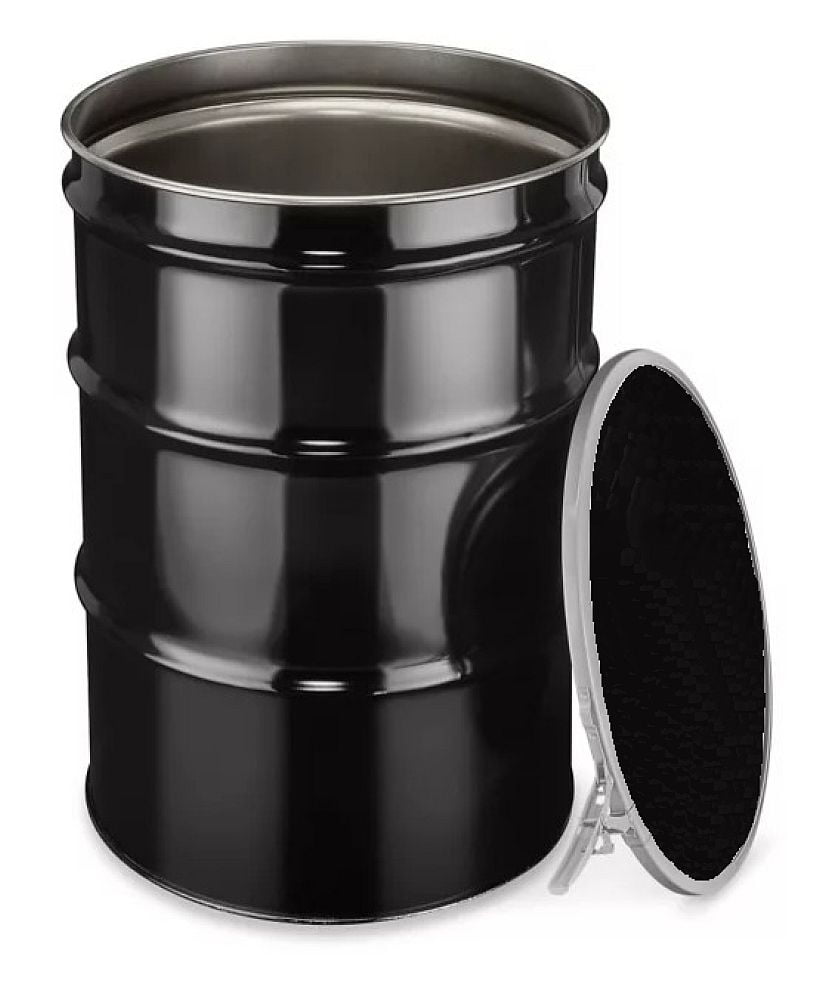 55 Gal Steel Drum Open-Head| Black | Metal Barrel | Rust Inhibitor Lining | Lever Lock