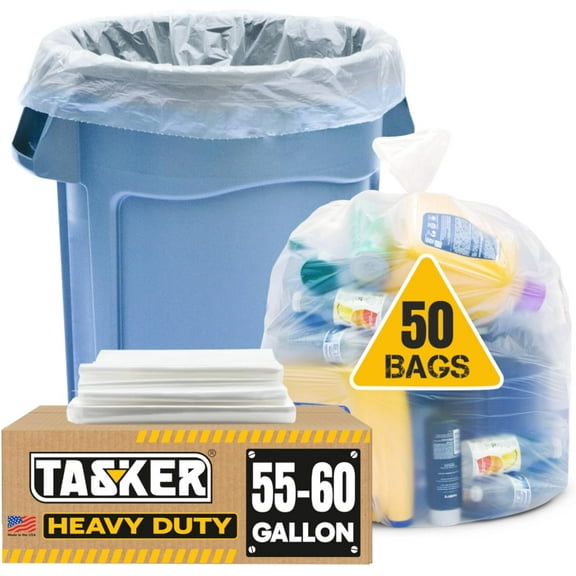 55 Gallon Clear Trash Bags, (50 Bags w/Ties) Large Clear Plastic Recycling Garbage Bags