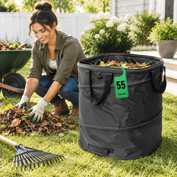 55 Gallon Square Collapsible Pop-up Yard Waste Bin, 22"x22"x26" Black