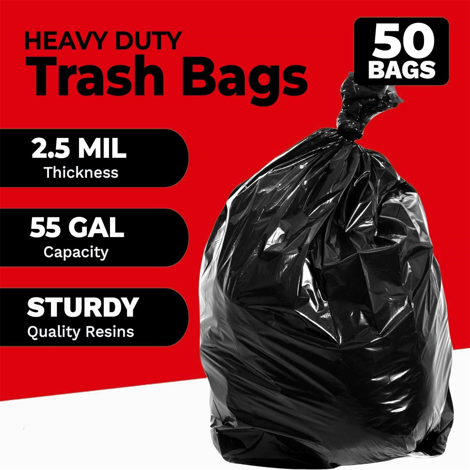 55 Gallon Trash Bags, 2.5 Mil Contractor Bags - 50 Count, Large 55-60 Gallon Trash Can Liners, Black Contractor Garbage Bags, 38 x 58"