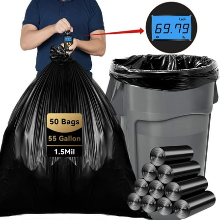 55 Gallon Trash Bags (50 Count)1.5 Mil,Heavy Duty Outdoor Garbage Bags for Commercial, Lawn and Leaf