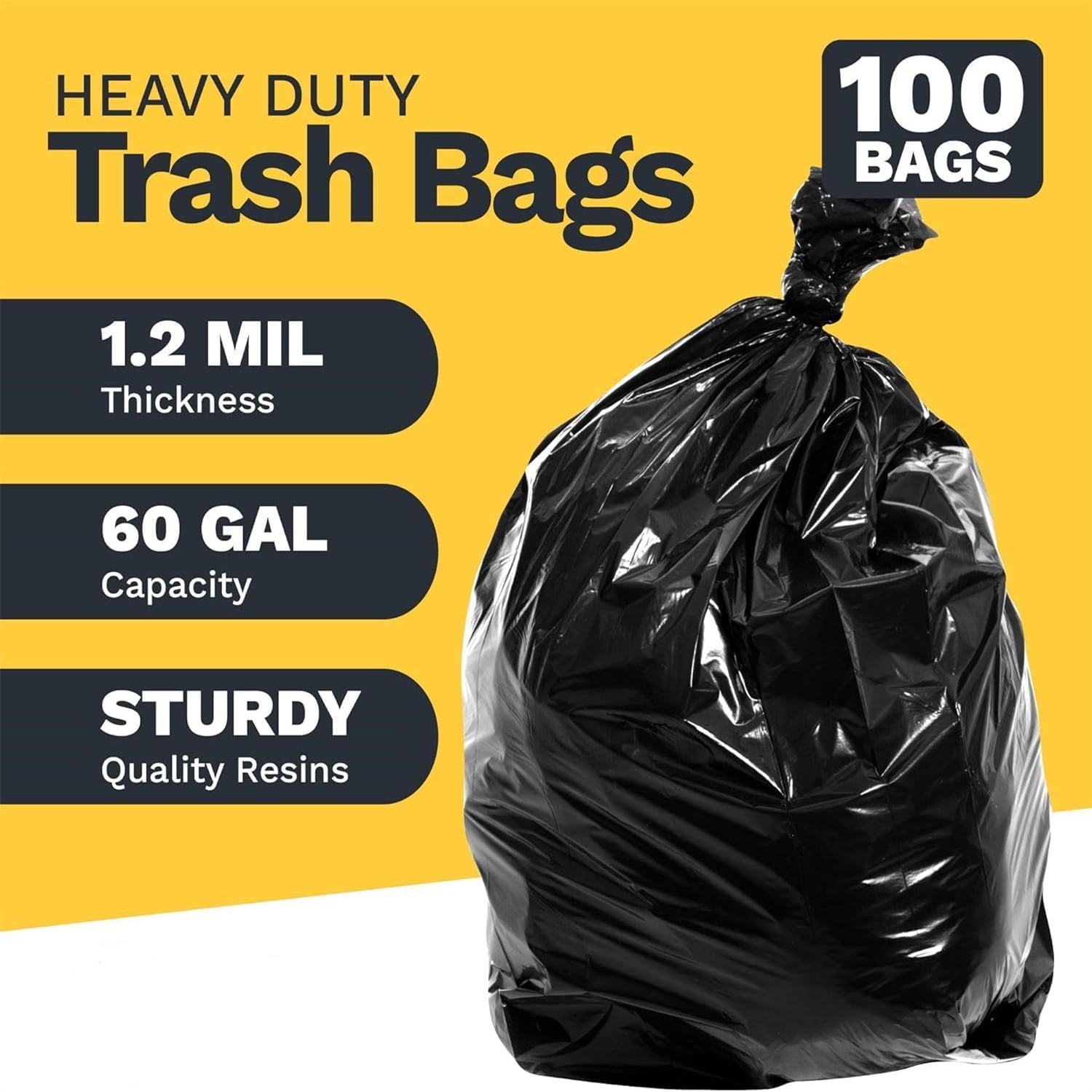 55 Gallon Trash Bags Heavy Duty (100 Count) - 50-60 Gallon Black Garbage Bags, Large Trash Bags - 38 x 58"