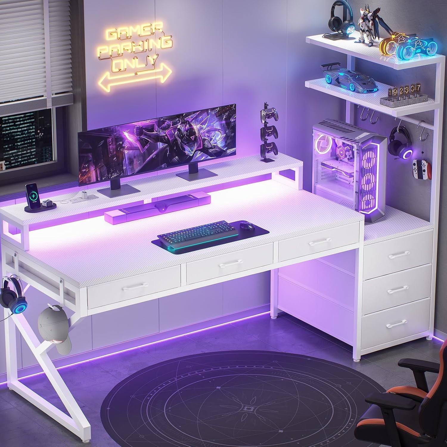55" Gaming Desk with 6 Drawers, Small Corner Computer Desk with Power Outlets & LED Lights, Home Office Desk with Monitor Stand & Hooks, Reversible PC Desk with Storage, Carbon Fiber White