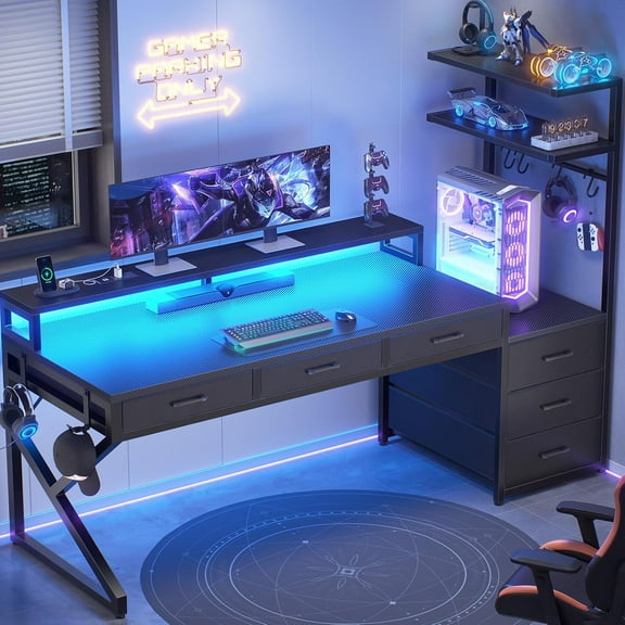 55" Gaming Desk with 6 Drawers, Small Corner Computer Desk with Power Outlets & LED Lights, Home Office Desk with Monitor Stand & Hooks, Reversible PC Desk with Storage, Carbon Fiber Black