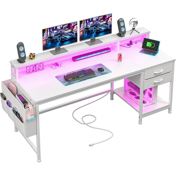 55" Gaming Desk with LED Lights, Computer Desk with Drawers & Storage Bag, Office Desks with Power Outlets & Monitor Stand, Home Office Desks for Bedroom, Gaming Room, White