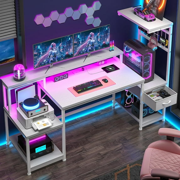 55" Gaming Desk with LED Lights & Outlets,Computer Desk with Drawers & Monitor Stand,Gaming Table with Storage Shelves & Printer Space for Game Room,Home Office,Bedroom,White